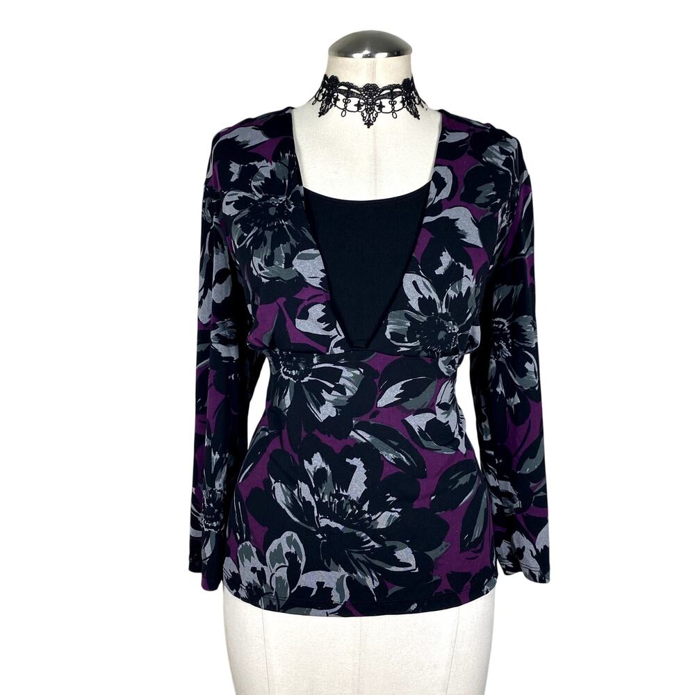 Vtg Y2K Briggs New York Floral Whimsigoth Layered 3/4 Sleeve Office Siren Blouse